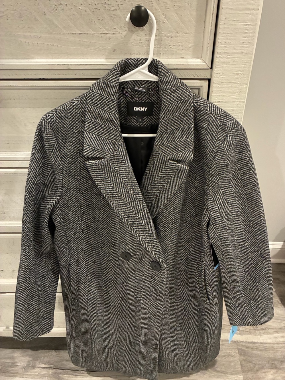 DKNY Gray Herringbone Double-Breasted Pea Coat